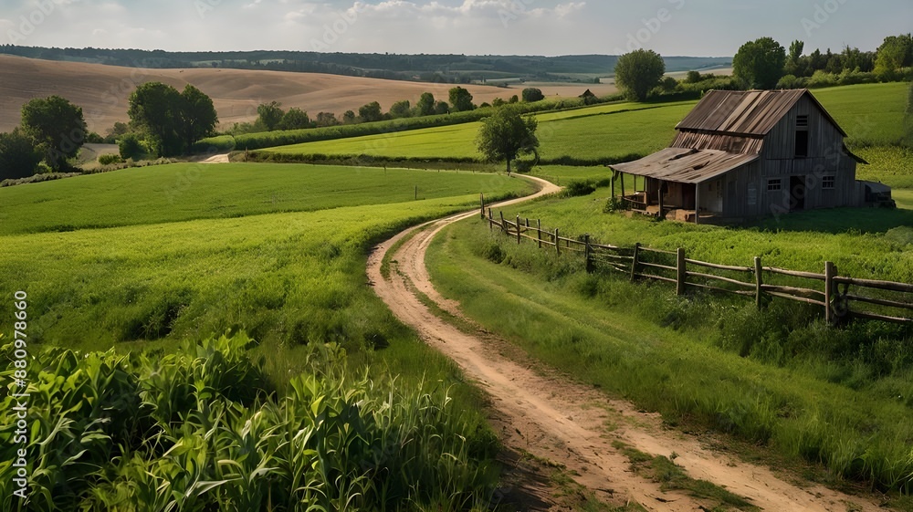 Scenic Dirt Road Through Green Pastures and Fields Scenic Dirt Road Through Green Pastures and Fields