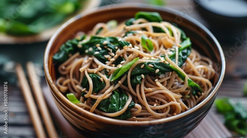 The national cuisine of Japan. Buckwheat noodles with spinach. photo