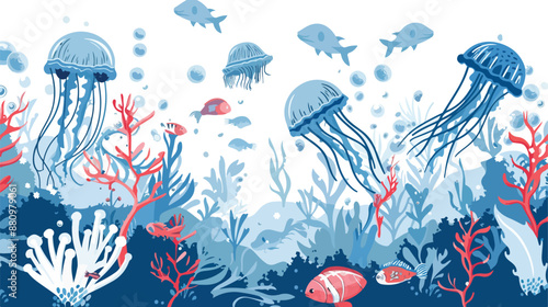 Blue sea life or ocean with fish and jellyfishes. Vector