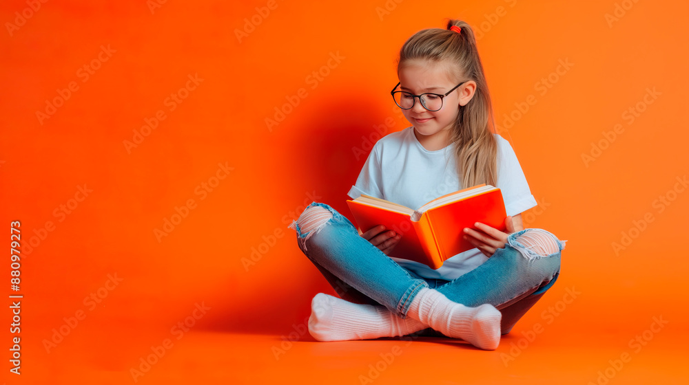 Schoolgirl reading a book on a bright background. Smart girl chooses literature to read. Learning from books. School education. Back to school Schoolgirl reading a book on a bright background. Smart girl chooses literature to read. Learning from books. School education. Back to school