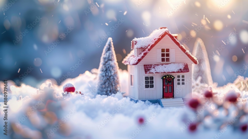 Naklejka premium Snow covered miniature house representing winter holidays and family warmth