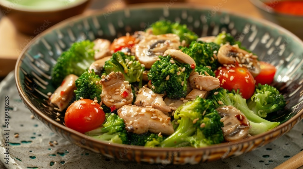 The national cuisine of Japan. Broccoli and tomato salad with pickled chicken and shiitake mushrooms. The national cuisine of Japan. Broccoli and tomato salad with pickled chicken and shiitake mushrooms.