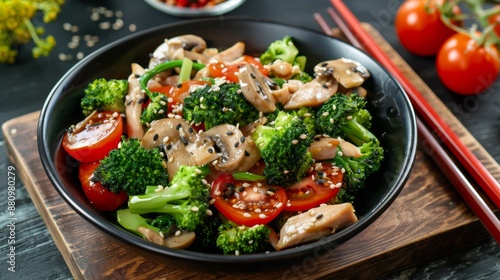 The national cuisine of Japan. Broccoli and tomato salad with pickled chicken and shiitake mushrooms. photo