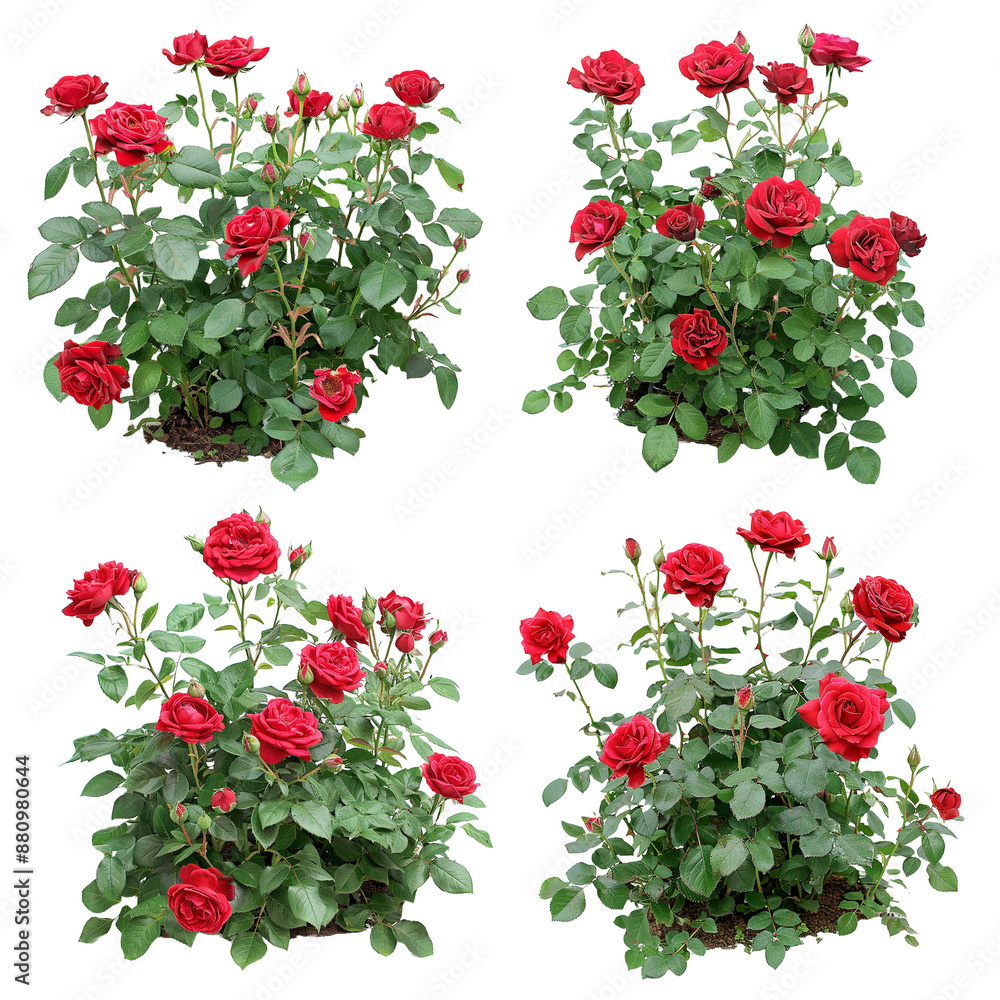 Set of Beautiful Red Roses with Lush Green Leaves on Transparent Background Set of Beautiful Red Roses with Lush Green Leaves on Transparent Background