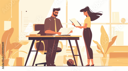 Boss receiving file from employee. flat vector style