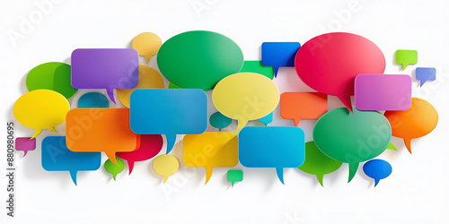 Tapety artystyczne A creative composition of colorful speech bubbles in various shapes and sizes with subtle shadows, arranged in a row on a clean white background.