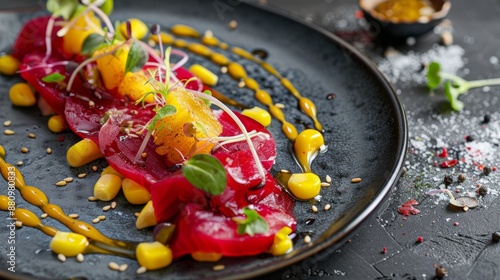 The national cuisine of Japan. Beetroot sashimi with corn salad and honey mustard dressing. photo