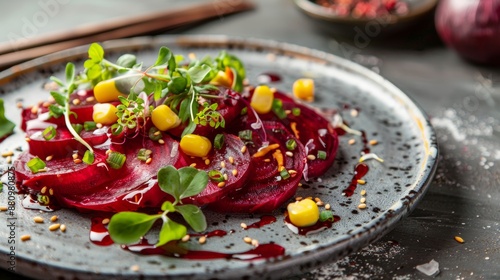 The national cuisine of Japan. Beetroot sashimi with corn salad and honey mustard dressing. photo