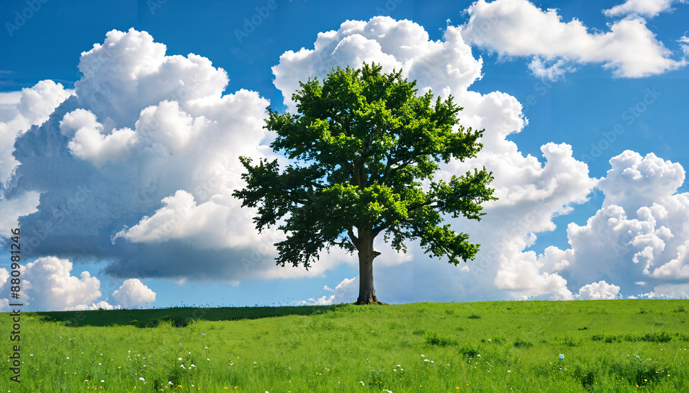 Obraz premium L'arbre solitaire sous un ciel nuageux