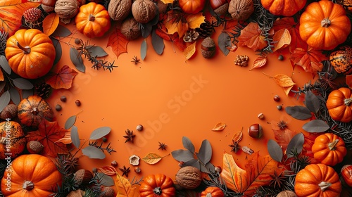 happy thanksgiving day postcard design flat lay composition,pumpkins dry leaves acorns walnuts on orange background autumn fall concept photo