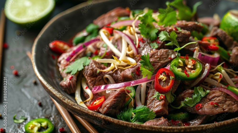 The national cuisine of Japan. Beef with chili, bean sprouts, red onion and lime. The national cuisine of Japan. Beef with chili, bean sprouts, red onion and lime.