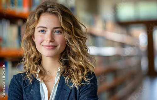 Wallpaper Mural Woman Smiling in Library. A young woman with long, curly blonde hair smiles at the camera while standing in a library. Torontodigital.ca