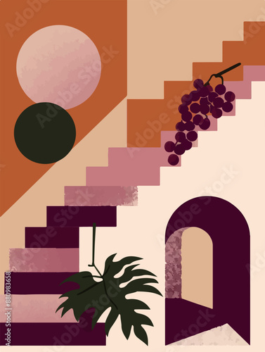 Collection of abstract wine-themed autumn illustrations, perfect for wine festivals and seasonal posters. Includes various frames for text with vibrant colors and intricate designs.