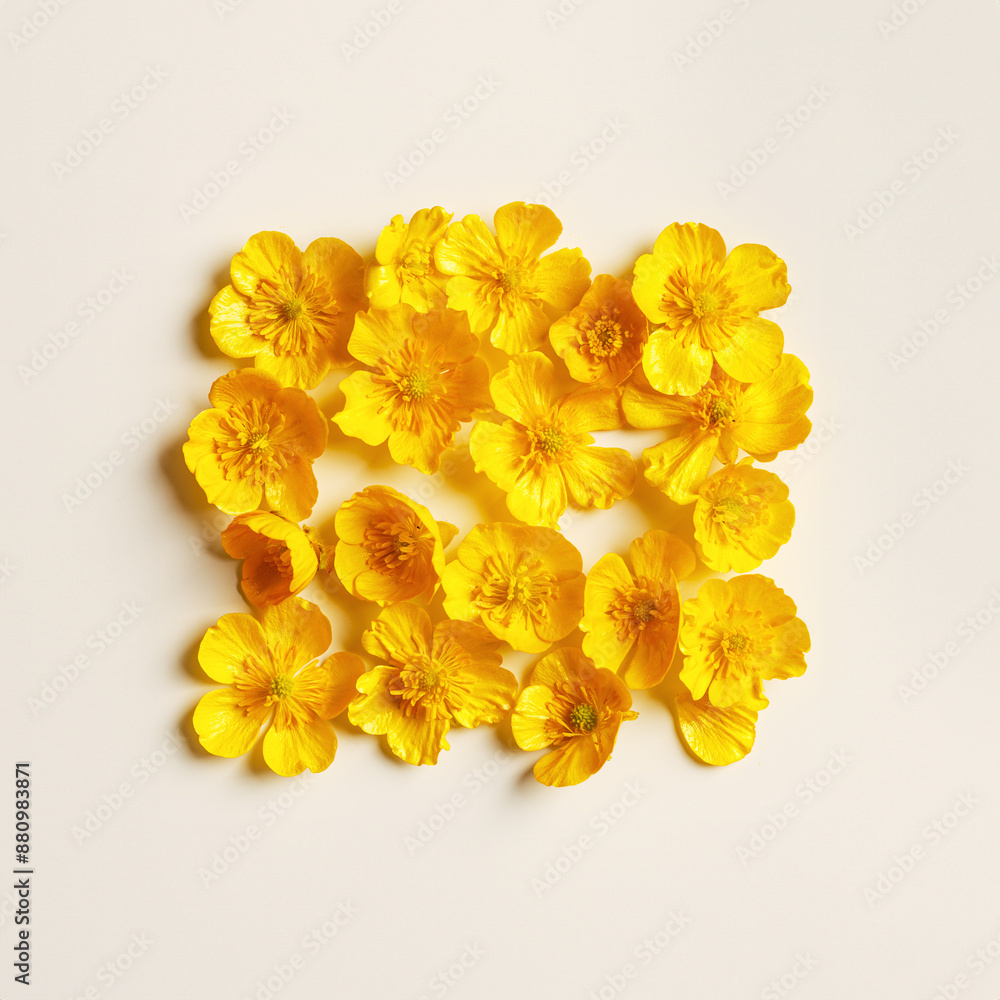 Minimal floral pattern, top view Yellow flowers Buttercup on beige background, spring summer season concept, creative flat lay beauty nature, close up wild blooms, florals design Minimal floral pattern, top view Yellow flowers Buttercup on beige background, spring summer season concept, creative flat lay beauty nature, close up wild blooms, florals design