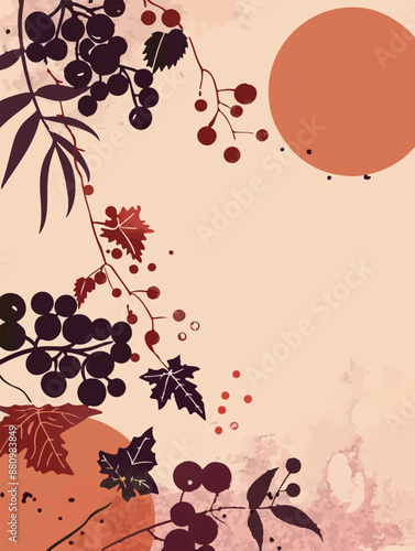 Collection of abstract wine-themed autumn illustrations, perfect for wine festivals and seasonal posters. Includes various frames for text with vibrant colors and intricate designs.