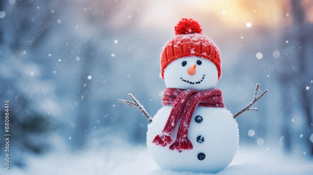 A Christmas snowman in a fairy forest with a place for text. A Christmas snowman in a fairy forest with a place for text.