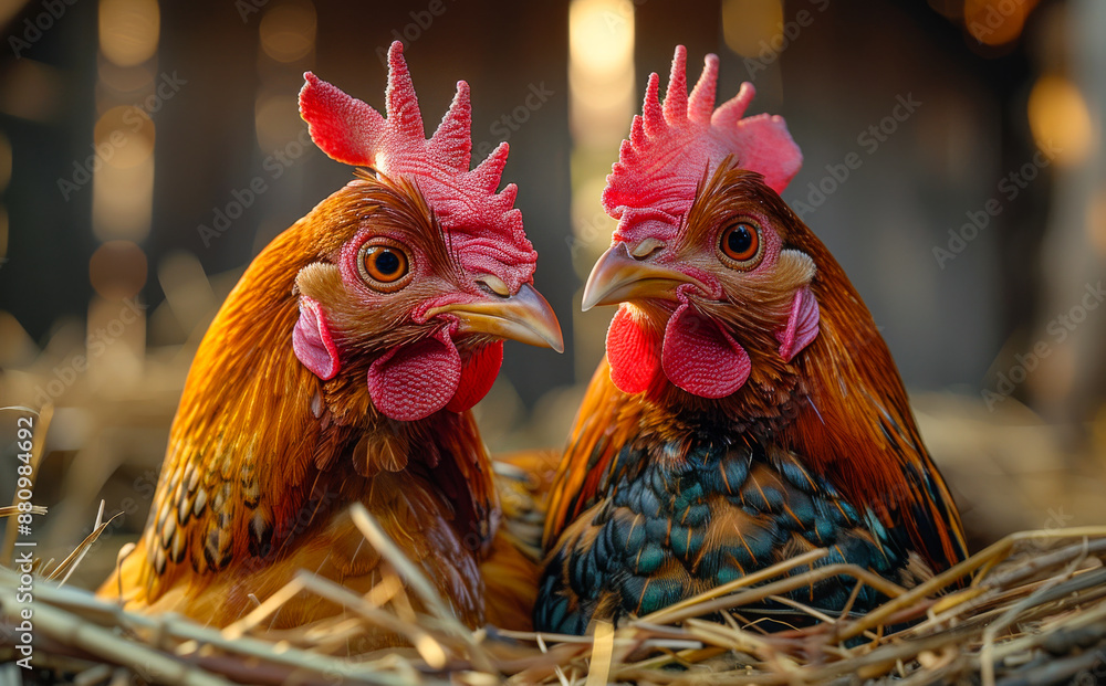 Fototapeta premium Two Hens In A Nest. Two hens are perched on a nest of hay, facing each other.