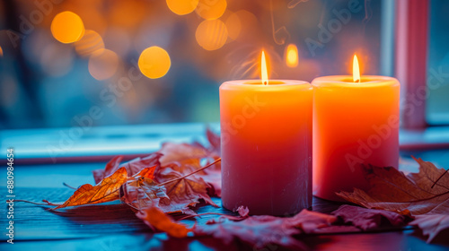 Minimal aesthetic lifestyle Two burning candles in the autumn interior photo