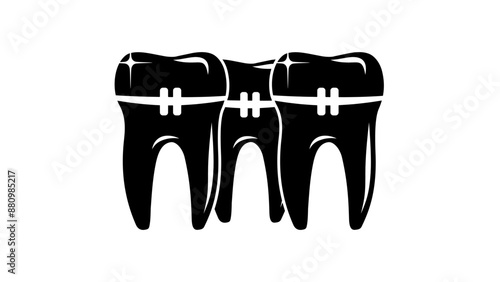 teeth correction with Braces, black isolated silhouette