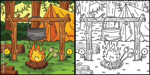 Camping Cooking Pot Over a Bonfire Illustration