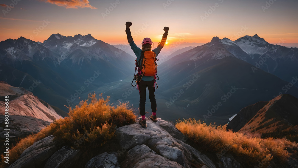 Obraz premium Solo Sunrise Summit: Climber Triumphs on Mountain Peak