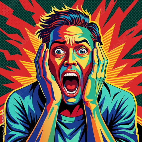 In Retro pop art style, a man screams in horror, covering his face with his hands.  A surprised and scared man.