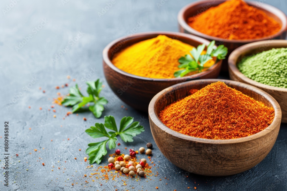Various colorful spices and herbs staying in wooden bowls on dark background Various colorful spices and herbs staying in wooden bowls on dark background