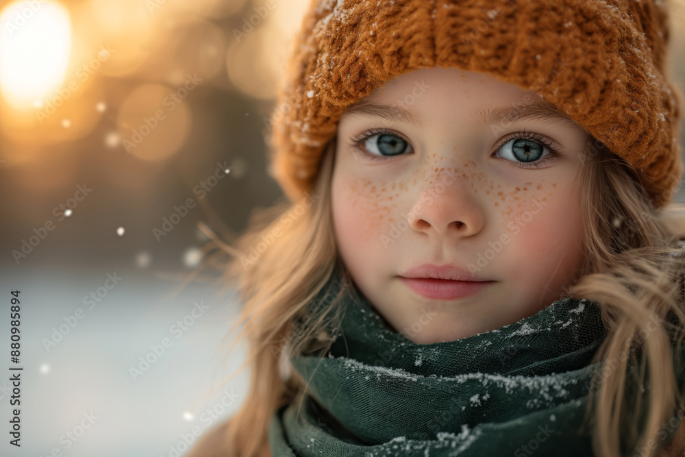 Adorable winter portrait of young little girl with knit hat and scarf, surrounded by gently falling snow in serene winter setting evoking innocence and joy of childhood in peaceful snowfall Adorable winter portrait of young little girl with knit hat and scarf, surrounded by gently falling snow in serene winter setting evoking innocence and joy of childhood in peaceful snowfall