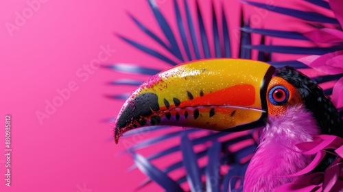 A vibrant toucan stands out against a bright, colorful background, emphasizing the bird's striking appearance and the contrast between its natural hues and abstract surroundings. photo