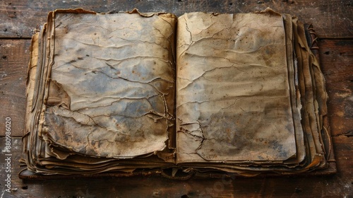 A close-up of an old, weathered book with tattered pages displaying its rich history and age, placed on a rustic wooden surface.