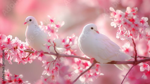 Duas pombas brancas empoleiradas em um galho de delicadas flores rosas, primavera, pássaros, amor, natureza, pomba, flor, cereja, paz photo