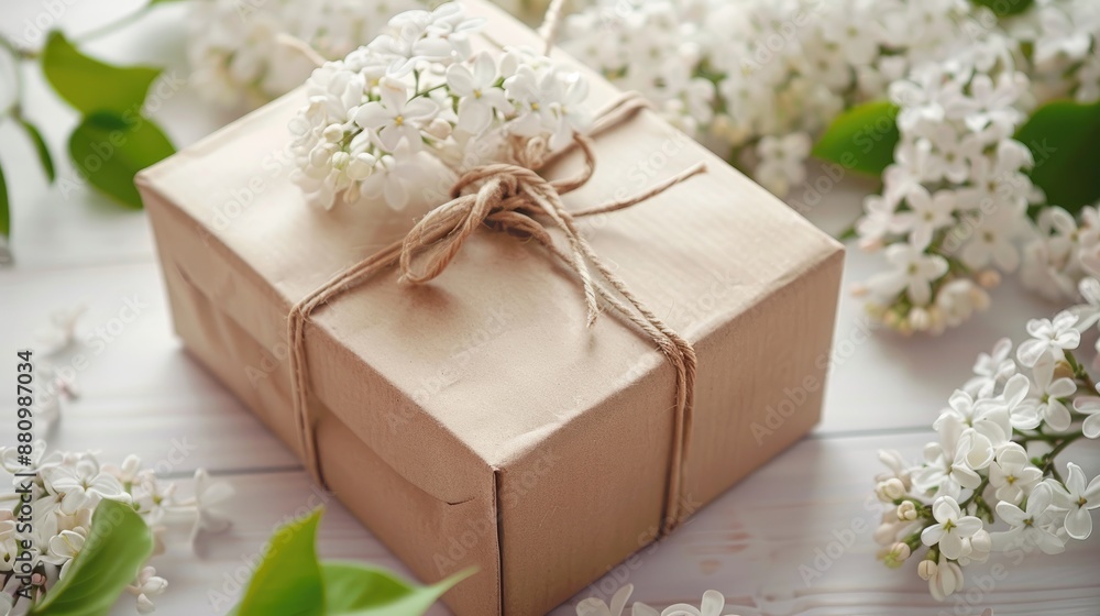 Package with twine tied craft box white lilac branch gift delivery Package with twine tied craft box white lilac branch gift delivery