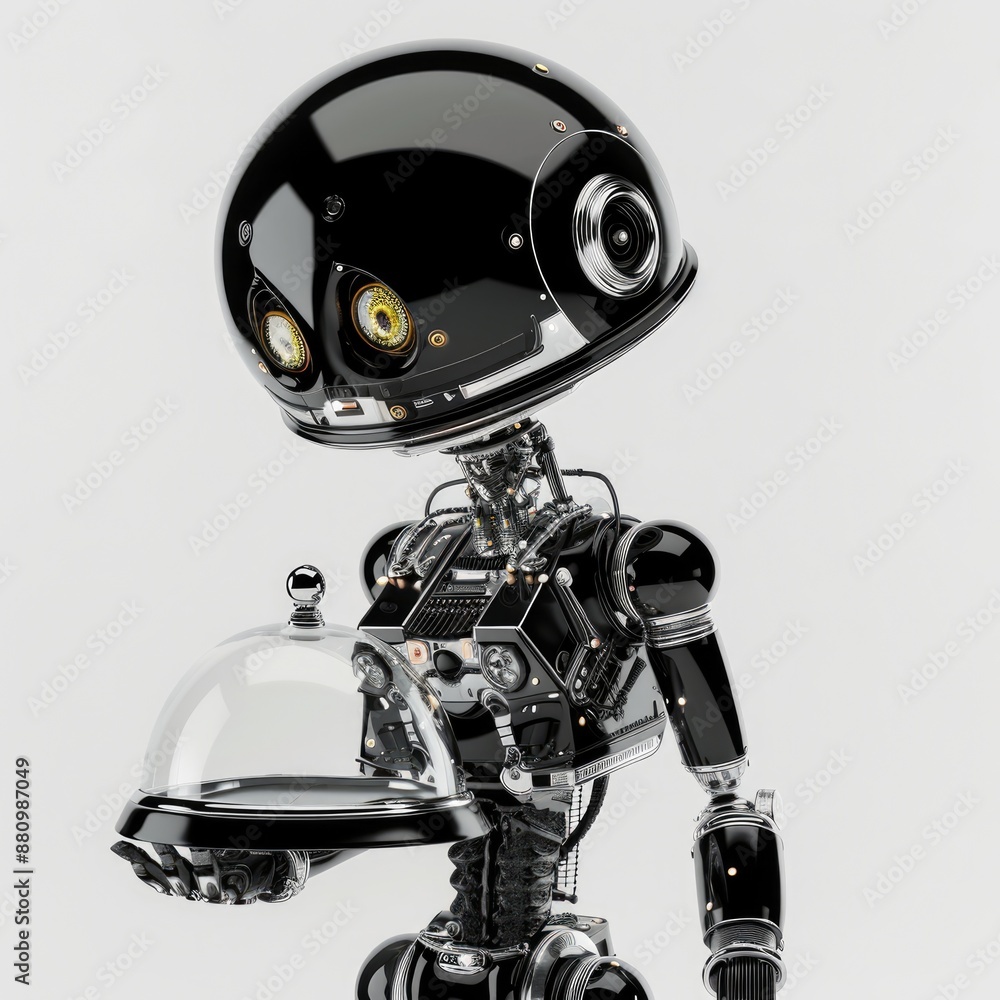 Futuristic Robot Serving a Meal on a Silver Platter Futuristic Robot Serving a Meal on a Silver Platter