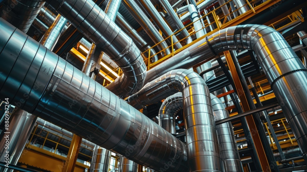 Metal pipes pipelines in a factory industrial production line industrial background Metal pipes pipelines in a factory industrial production line industrial background
