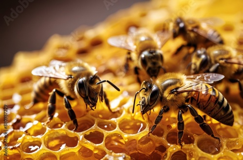 Close-up of honeybees crawl on golden honeycomb