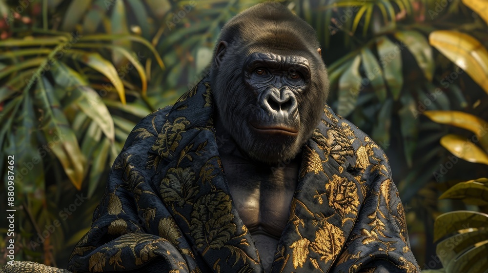 Obraz premium A Majestic Gorilla Dressed in a Golden Floral Robe, Digital Art, Gorilla, Robe, Jungle, Animal Portrait