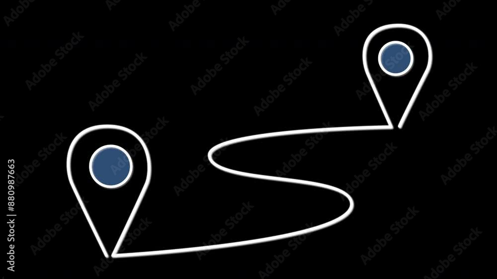 Continuous self drawing animation of path and location pointers. Two blue pins on black background. Continuous self drawing animation of path and location pointers. Two blue pins on black background.