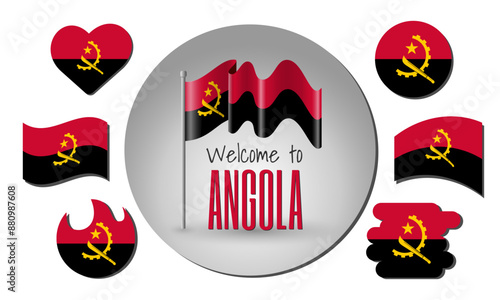 Waving flag of Angola in vector with the inscription Welcome to Angola! Different versions of the flag in the shape of a heart, circle, arc, etc. photo