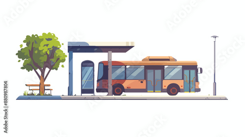 Bus stop and city bus flat vector style isolated 