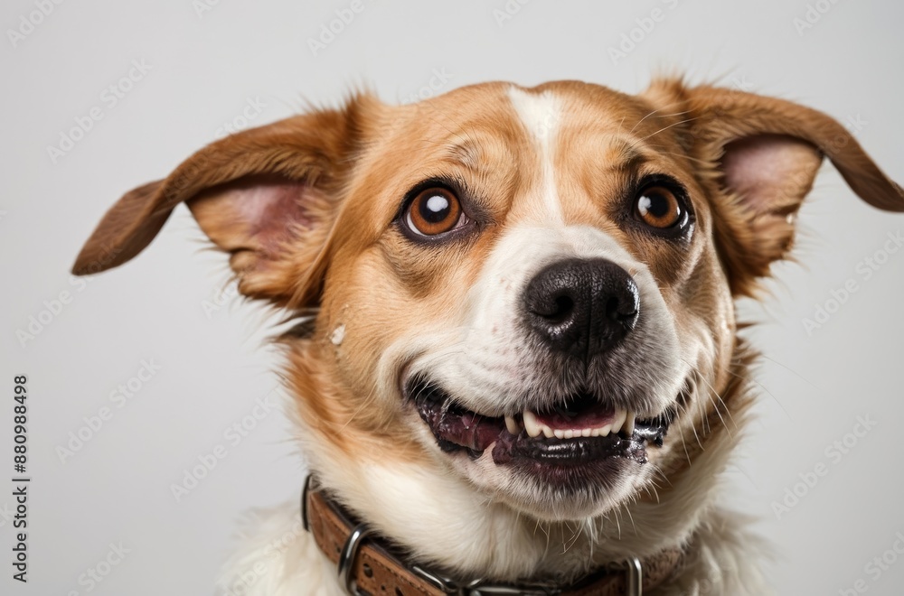 Close-up portrait of brown and white dog with playful expression Close-up portrait of brown and white dog with playful expression