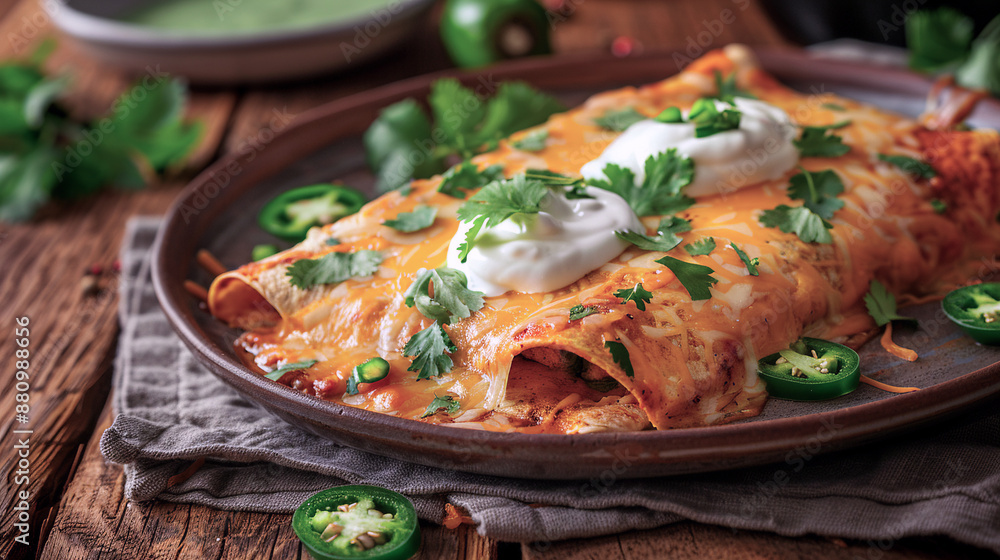 Enchiladas Mexicanas con Queso y Crema en plato sobre mesa de madera. Comida tradicional mexicana.
Enchiladas Mexicanas con Queso y Crema en plato sobre mesa de madera. Comida tradicional mexicana.