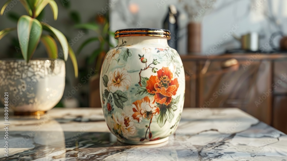 Ceramic jar with floral design on marble surface Ceramic jar with floral design on marble surface