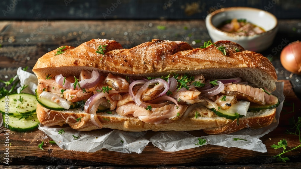 Dutch seafood sandwich with herring onions and pickled cucumber Dutch seafood sandwich with herring onions and pickled cucumber
