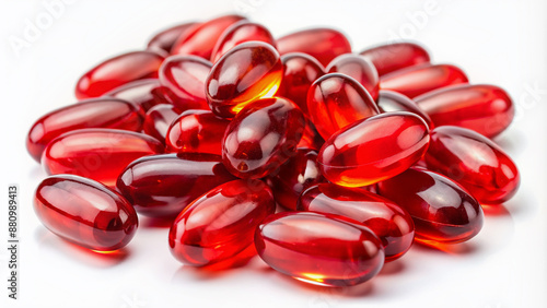 Close-up of red krill oil pills or soft gels arranged on a white background, highlighting their vibrant color and healthy nutritional benefits rich in omega-3.
