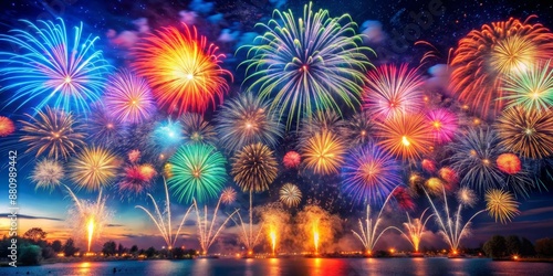 Colorful Fireworks Display Over Lake at Sunset, firework, celebration, night sky , festival