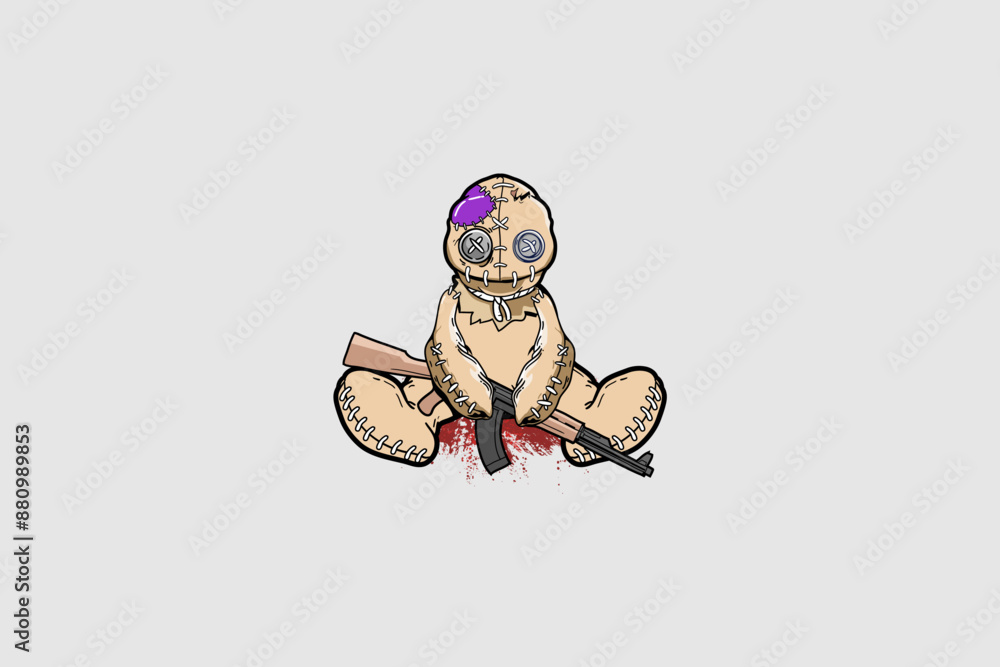 Fotografie Voodoo doll with rifle cartoon character vector image template