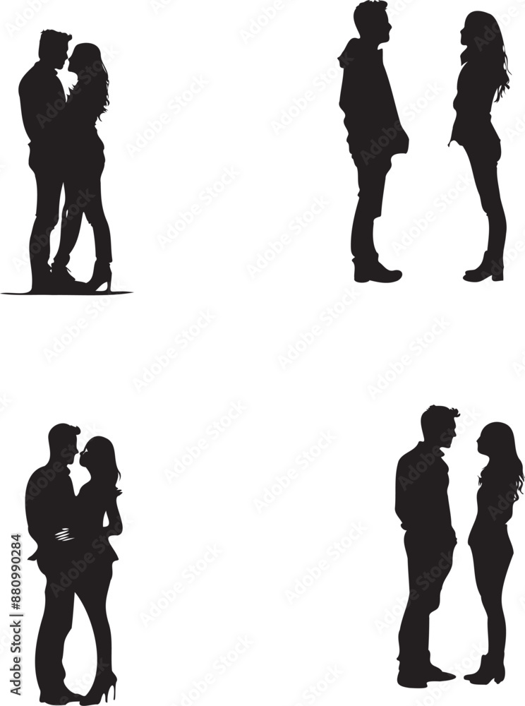 Young couples set standing silhouette Young couples set standing silhouette