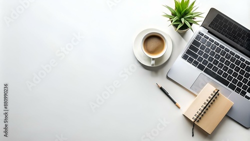 Simple Top view table - Creative flat lay office desk. Laptop, notebooks and coffee cup on white background. Panorama banner background with copy space.