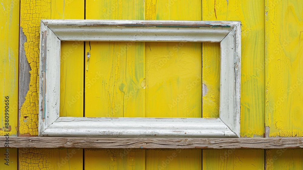 Blank picture frame close up with a vibrant chartreuse background at a farm Blank picture frame close up with a vibrant chartreuse background at a farm