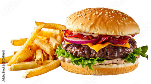A vibrant food photography of tasty appetizing slider with fries and condiments Viewed from eye level on background, transparent background, PNG file, Generative AI illustrations.	
